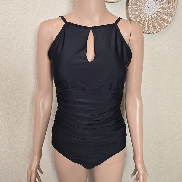Ellen Tracy Black  One Piece Swimsuit with Keyhole Detail and Ruching Size 12 - Picture 7 of 10